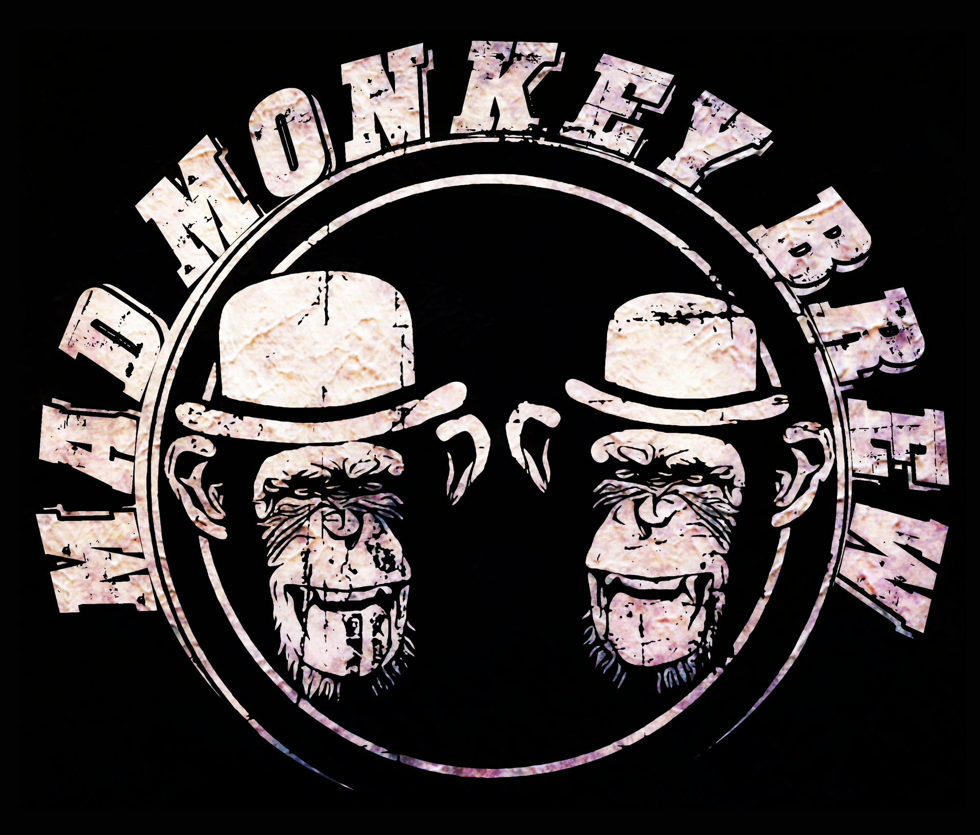 Mad Monkey Brew logo featuring two illustrated monkeys wearing top hats inside a circular emblem, with the words 'MAD MONKEY BREW' arched above, on a black background.